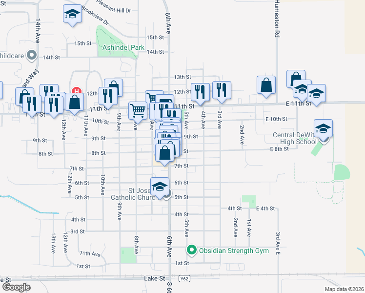 map of restaurants, bars, coffee shops, grocery stores, and more near 509 9th Street in DeWitt