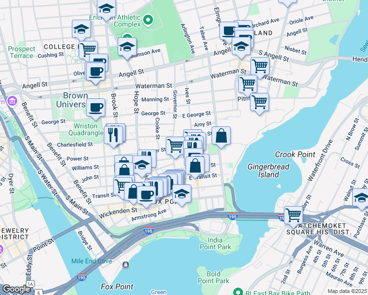 map of restaurants, bars, coffee shops, grocery stores, and more near 308 Williams Street in Providence