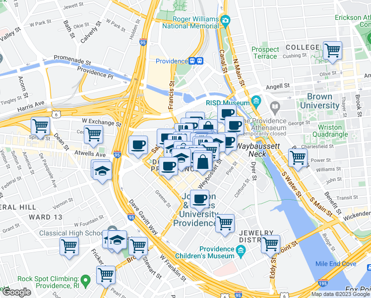map of restaurants, bars, coffee shops, grocery stores, and more near 120 Union Street in Providence
