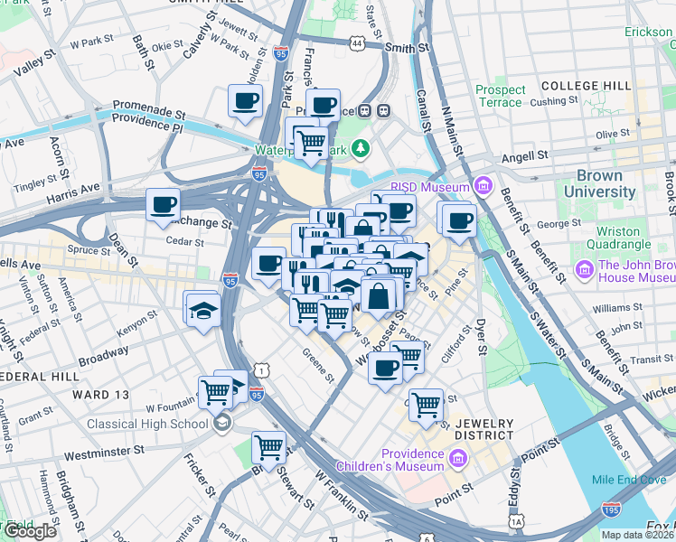 map of restaurants, bars, coffee shops, grocery stores, and more near in Providence