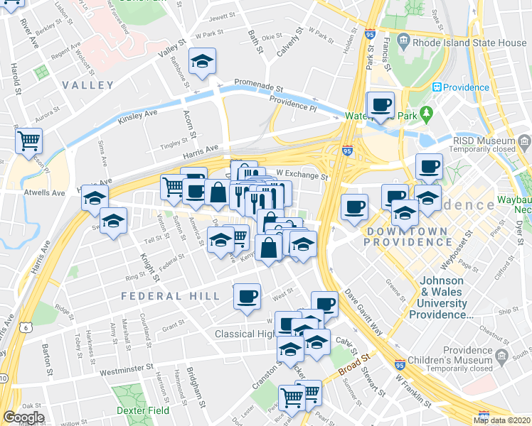 map of restaurants, bars, coffee shops, grocery stores, and more near in Providence