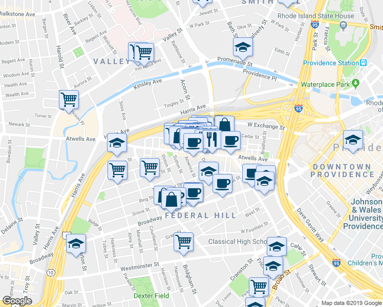 map of restaurants, bars, coffee shops, grocery stores, and more near 11 Africa Street in Providence