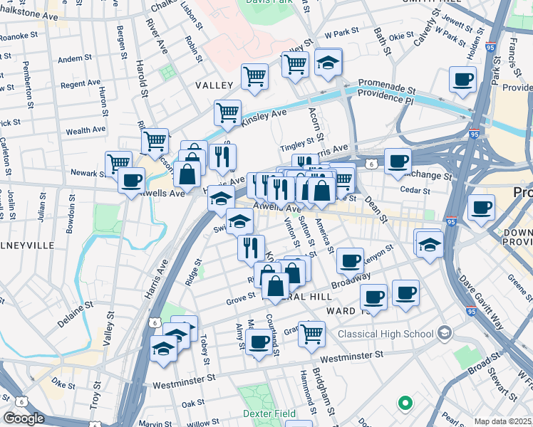 map of restaurants, bars, coffee shops, grocery stores, and more near 45 Gesler Street in Providence