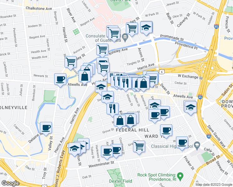 map of restaurants, bars, coffee shops, grocery stores, and more near 45 Gesler Street in Providence