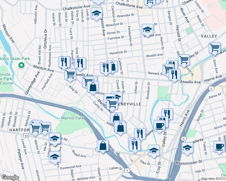 map of restaurants, bars, coffee shops, grocery stores, and more near 244 Amherst Street in Providence