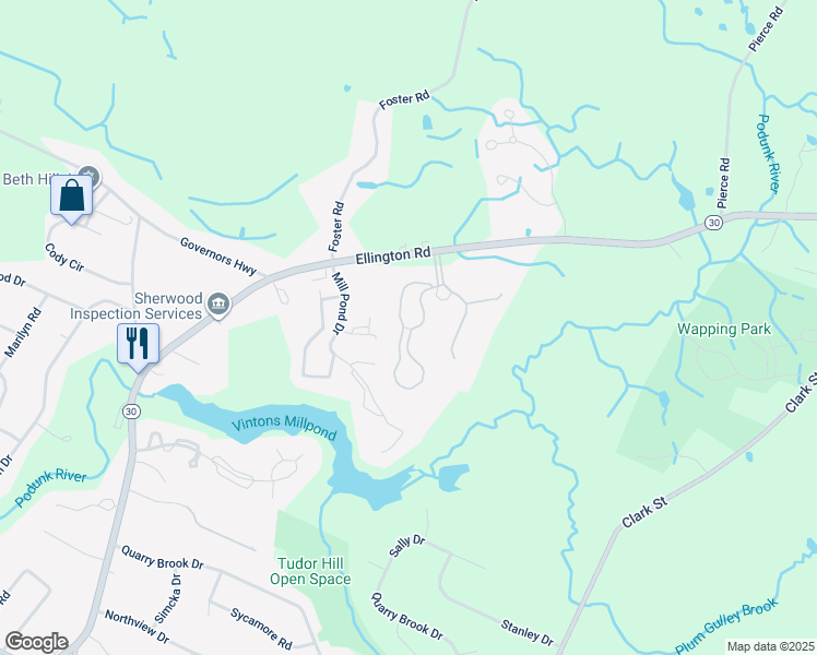 map of restaurants, bars, coffee shops, grocery stores, and more near 807 Twin Circle Drive in South Windsor