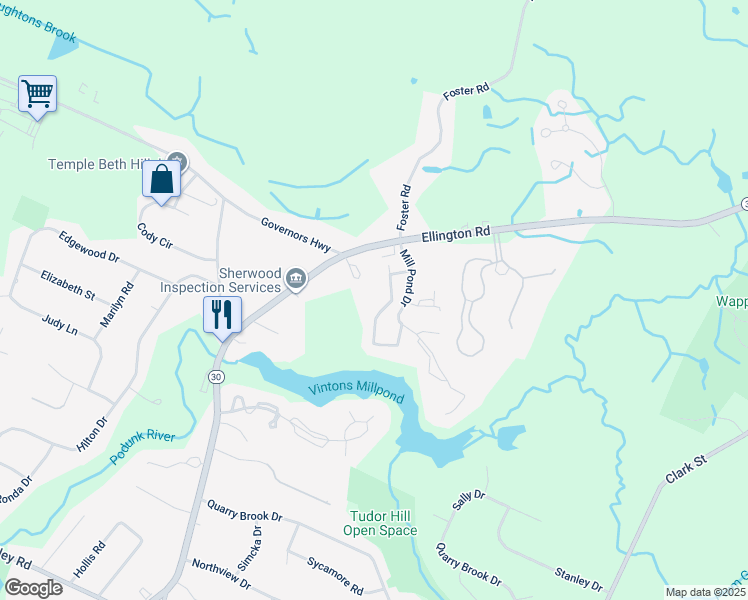 map of restaurants, bars, coffee shops, grocery stores, and more near 1810 Mill Pond Drive in South Windsor