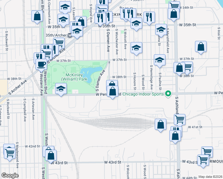 map of restaurants, bars, coffee shops, grocery stores, and more near 1961 West Pershing Road in Chicago