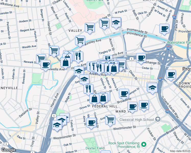 map of restaurants, bars, coffee shops, grocery stores, and more near 12 Piedmont Street in Providence