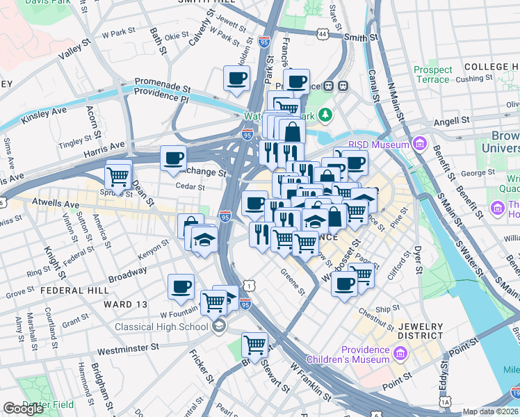 map of restaurants, bars, coffee shops, grocery stores, and more near 1 La Salle Square in Providence