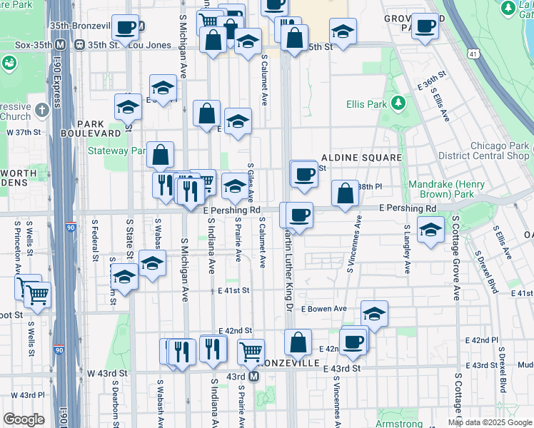 map of restaurants, bars, coffee shops, grocery stores, and more near 3919 South Calumet Avenue in Chicago