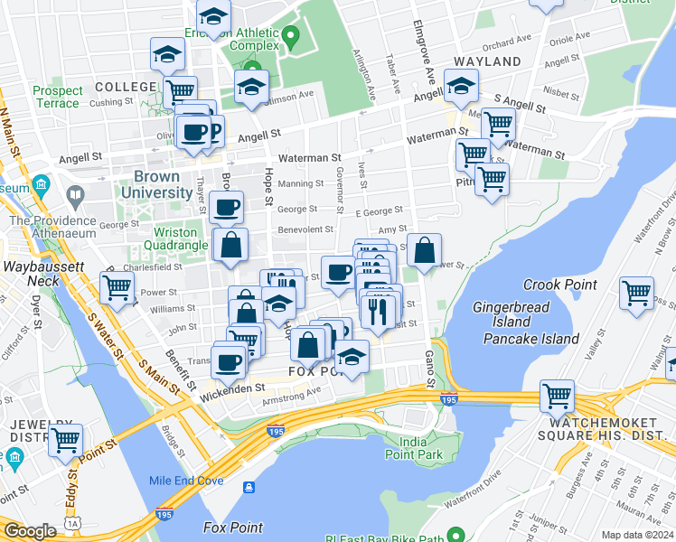 map of restaurants, bars, coffee shops, grocery stores, and more near 99 Governor Street in Providence