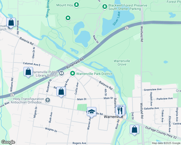 map of restaurants, bars, coffee shops, grocery stores, and more near 28W461 Batavia Road in Warrenville