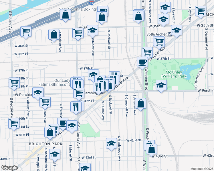 map of restaurants, bars, coffee shops, grocery stores, and more near 2 West Pershing Road in Chicago