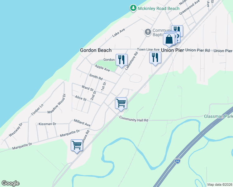 map of restaurants, bars, coffee shops, grocery stores, and more near 9901 Cottage Lane in Union Pier