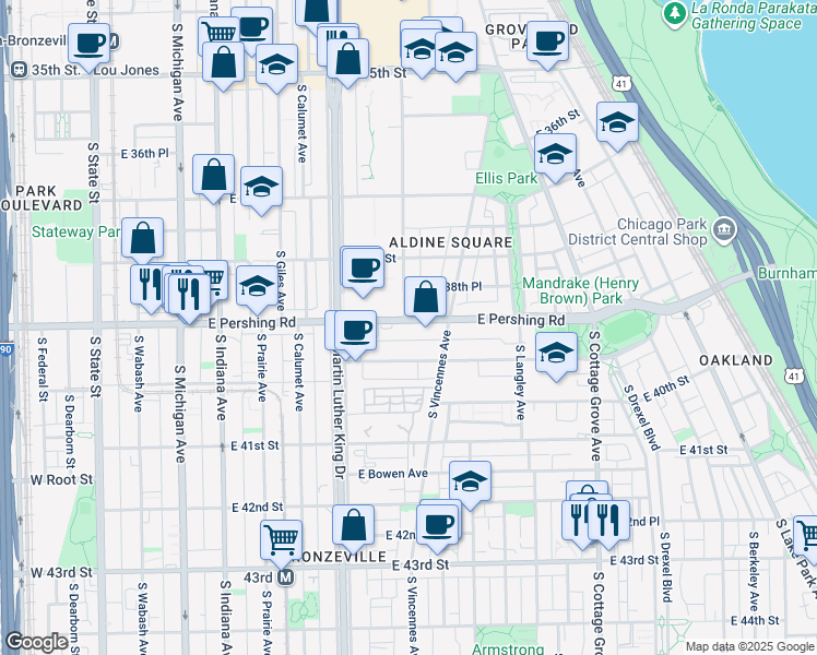 map of restaurants, bars, coffee shops, grocery stores, and more near 514 East Oakwood Boulevard in Chicago