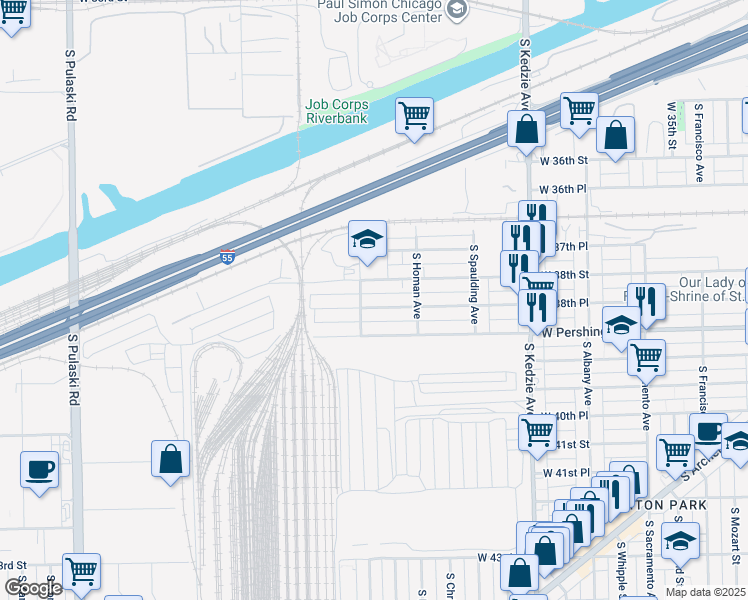 map of restaurants, bars, coffee shops, grocery stores, and more near 3441 West 38th Place in Chicago