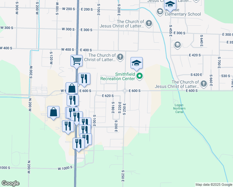 map of restaurants, bars, coffee shops, grocery stores, and more near 201 East 620 South in Smithfield