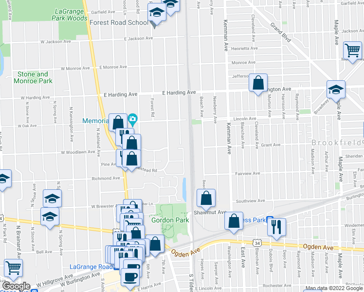 map of restaurants, bars, coffee shops, grocery stores, and more near 451 Homestead Road in La Grange Park