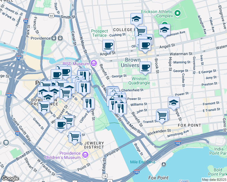 map of restaurants, bars, coffee shops, grocery stores, and more near 203 South Main Street in Providence