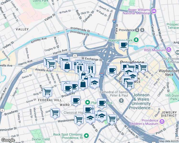 map of restaurants, bars, coffee shops, grocery stores, and more near 23 Newton Street in Providence
