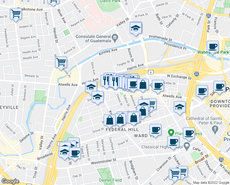 map of restaurants, bars, coffee shops, grocery stores, and more near 33 Vinton Street in Providence