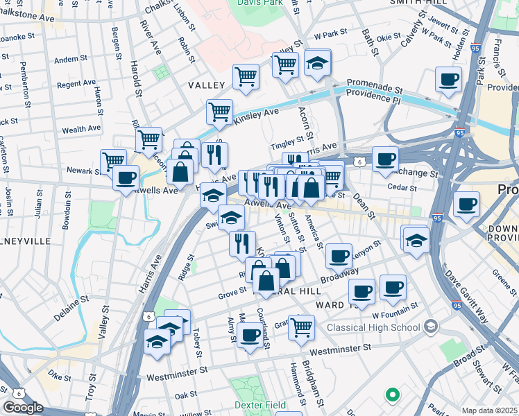 map of restaurants, bars, coffee shops, grocery stores, and more near 45 Gesler Street in Providence