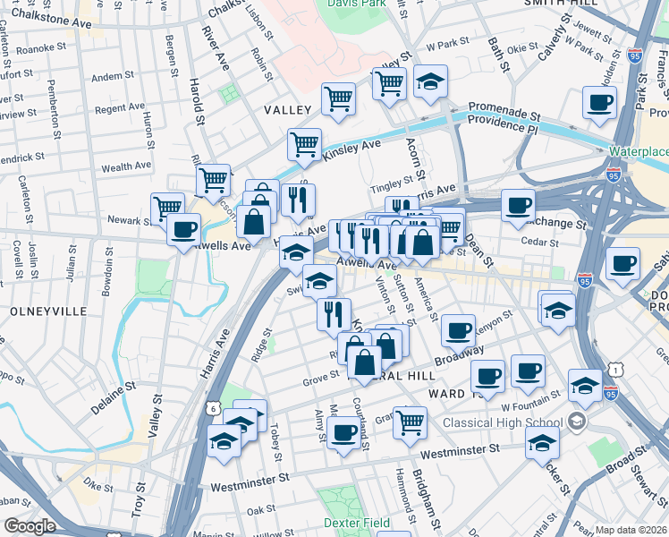 map of restaurants, bars, coffee shops, grocery stores, and more near 45 Gesler Street in Providence