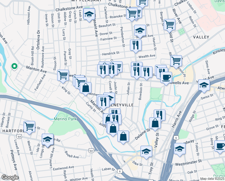 map of restaurants, bars, coffee shops, grocery stores, and more near 54 Joslin Street in Providence