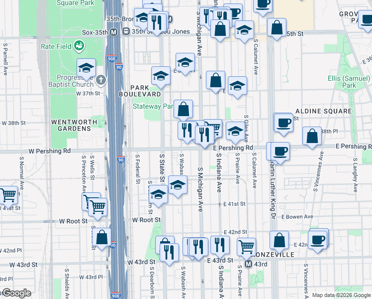 map of restaurants, bars, coffee shops, grocery stores, and more near 3900 South Michigan Avenue in Chicago
