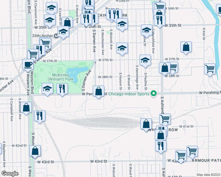 map of restaurants, bars, coffee shops, grocery stores, and more near 1903 West Pershing Road in Chicago