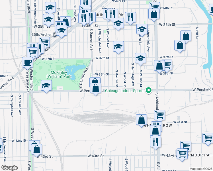 map of restaurants, bars, coffee shops, grocery stores, and more near 1903 West Pershing Road in Chicago