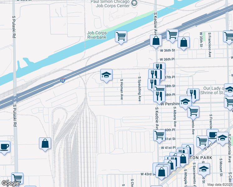 map of restaurants, bars, coffee shops, grocery stores, and more near 3400 West Pershing Road in Chicago