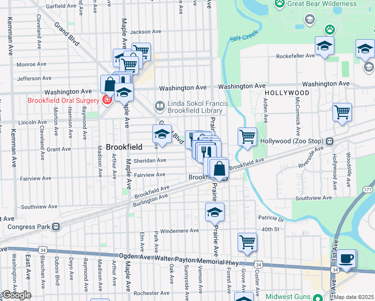 map of restaurants, bars, coffee shops, grocery stores, and more near 3723 Sunnyside Avenue in Brookfield