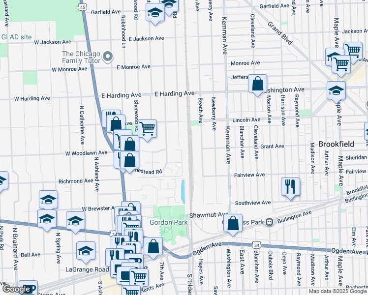 map of restaurants, bars, coffee shops, grocery stores, and more near 451 Homestead Road in La Grange Park