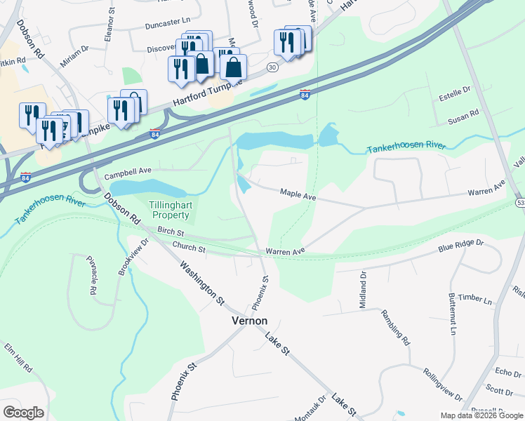 map of restaurants, bars, coffee shops, grocery stores, and more near 90 Phoenix Street in Vernon