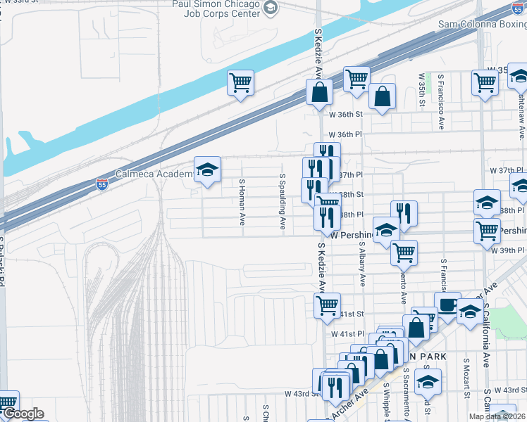 map of restaurants, bars, coffee shops, grocery stores, and more near 3325 West 38th Place in Chicago