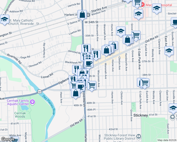 map of restaurants, bars, coffee shops, grocery stores, and more near 3820 Illinois 43 in Berwyn