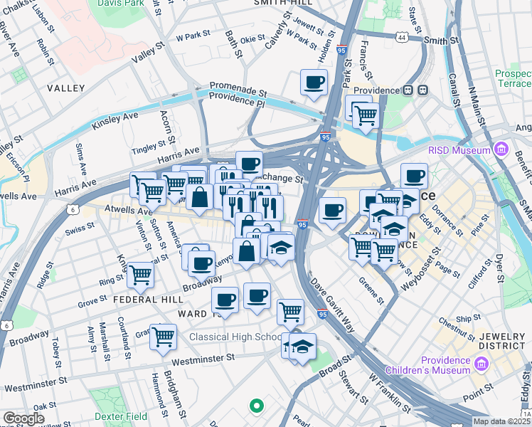 map of restaurants, bars, coffee shops, grocery stores, and more near 23 Newton Street in Providence