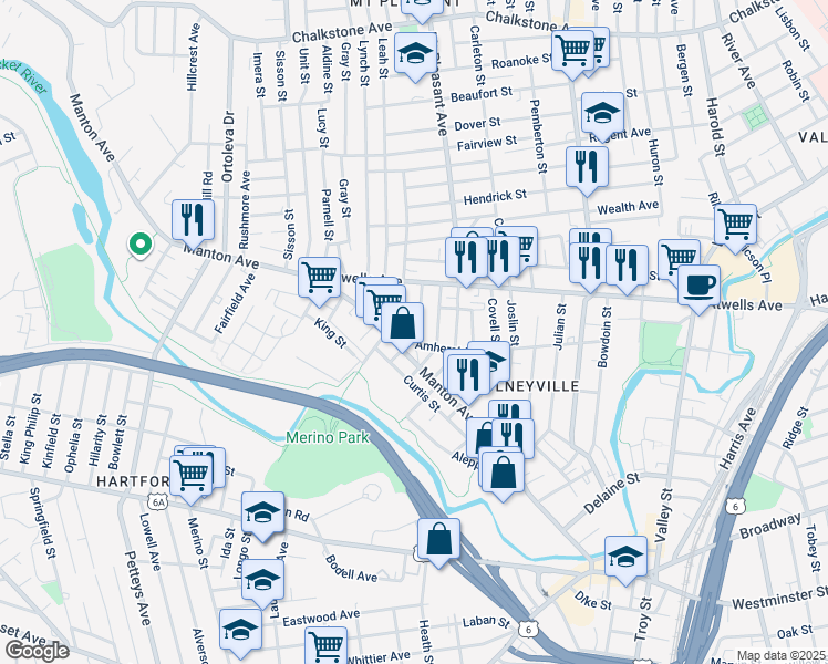 map of restaurants, bars, coffee shops, grocery stores, and more near 10 La Vaughn Street in Providence
