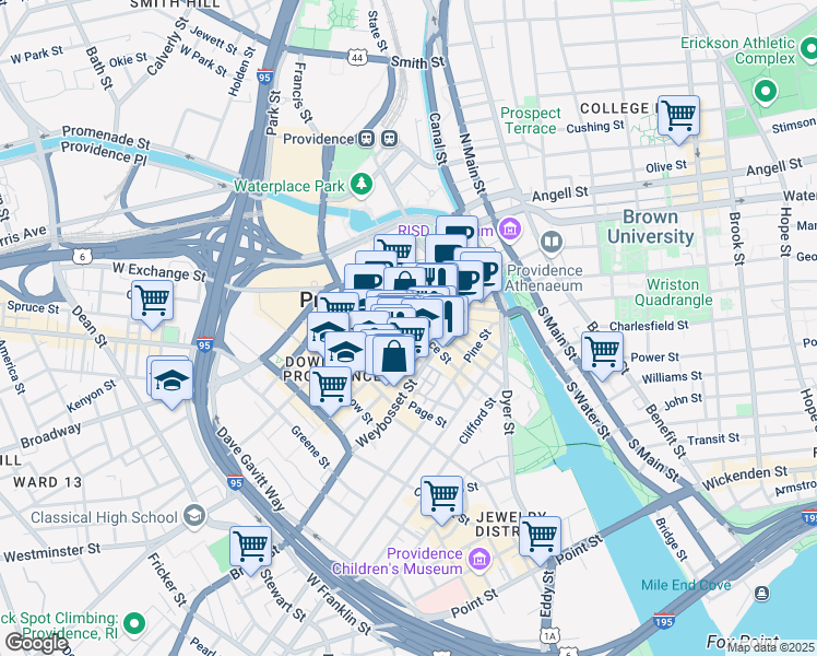 map of restaurants, bars, coffee shops, grocery stores, and more near 55 Dorrance Street in Providence
