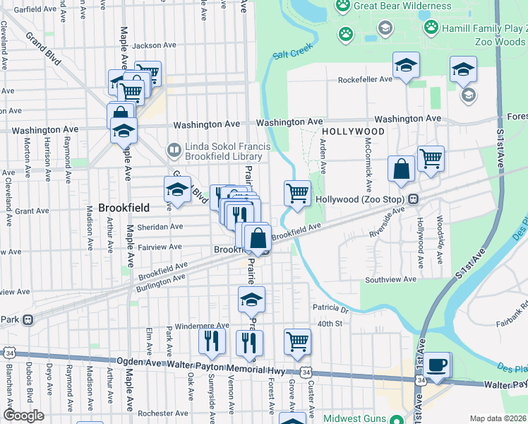 map of restaurants, bars, coffee shops, grocery stores, and more near 3742 Forest Avenue in Brookfield