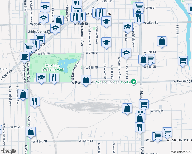 map of restaurants, bars, coffee shops, grocery stores, and more near 1903 West Pershing Road in Chicago