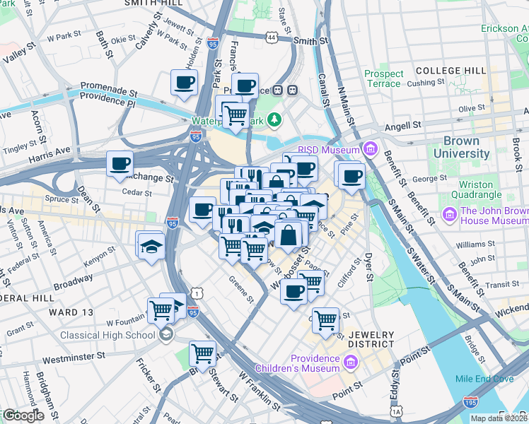 map of restaurants, bars, coffee shops, grocery stores, and more near in Providence