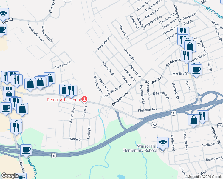 map of restaurants, bars, coffee shops, grocery stores, and more near 18 City View Parkway in Johnston