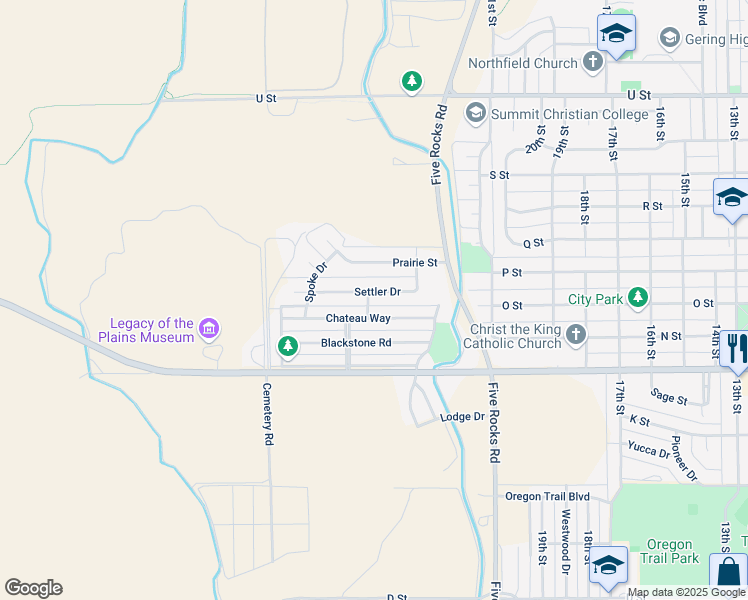 map of restaurants, bars, coffee shops, grocery stores, and more near 2201-2229 Prairie Street in Gering