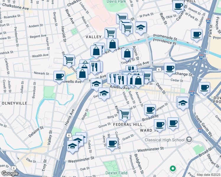 map of restaurants, bars, coffee shops, grocery stores, and more near 425 Atwells Avenue in Providence