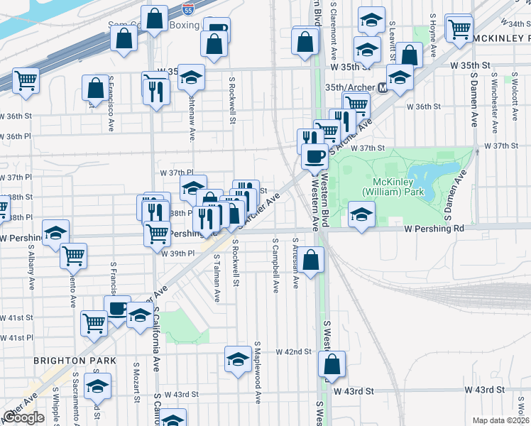 map of restaurants, bars, coffee shops, grocery stores, and more near 2529 West 38th Street in Chicago