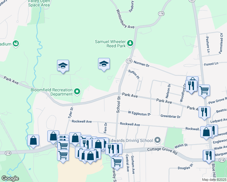 map of restaurants, bars, coffee shops, grocery stores, and more near 254 Park Avenue in Bloomfield