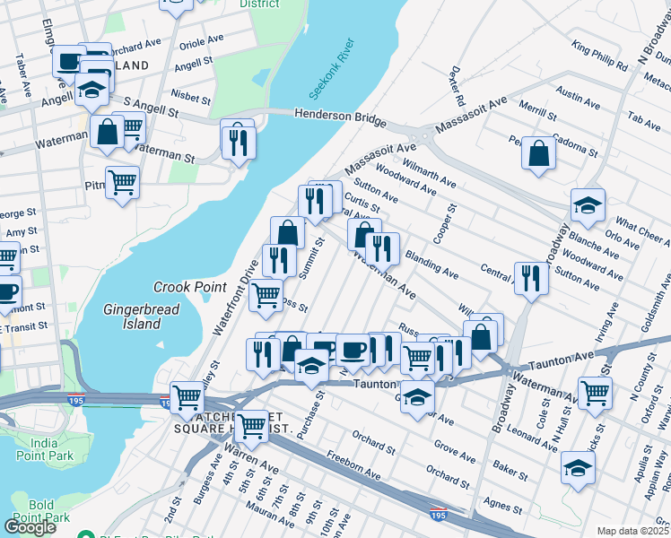 map of restaurants, bars, coffee shops, grocery stores, and more near 85 Waterman Avenue in East Providence